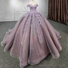 Quinceanera Purple Off-the-Shoulder Ball Gown Flower Dress