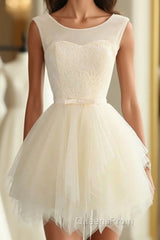 Cute A Line Tulle Round Neck Mini Evening Prom Dress, Cheap Evening Dress