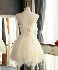 Cute A Line Tulle Round Neck Mini Evening Prom Dress, Cheap Evening Dress