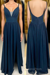 Navy Blue Chiffon A-line Long Bridesmaid Dress with Buttons