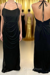 Halter Straps Black Mermaid Ruched Long Bridesmaid Dress