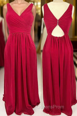 Ruched Red V Neck A-line Long Bridesmaid Dress