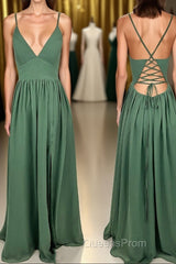 Straps Green A-line Long Formal Dress with Lace Up Back