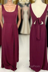 Simple Wine Red Scoop Long Bridesmaid Dress