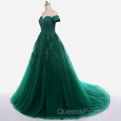 Real Off Shoulder Green Evening Prom Dress Beaded Appliques Emerald Quince Dress