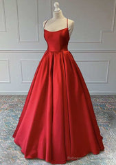 Red A-Line Sleeveless Square Neckline Satin Prom Dress