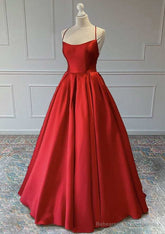Red A-Line Sleeveless Square Neckline Satin Prom Dress