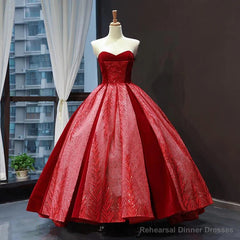Red A Line Strapless Appliques Sequin Tulle Prom Dresses