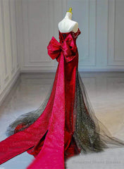 Red and Black Sweetheart Off Shoulder Formal Dress, Long Prom Dress with Bow
