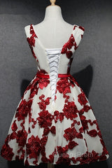 Red And White Short Homecoming Dress, Lace-Up Back Party Dress, Pretty Formal Dress