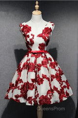 Red And White Short Homecoming Dress, Lace-Up Back Party Dress, Pretty Formal Dress