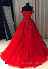 Red Ball Gown Off-the-Shoulder Sleeveless Court Train Tulle Evening Prom Dress With Pleated Appliqued