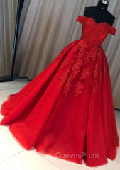 Red Ball Gown Off-the-Shoulder Sleeveless Court Train Tulle Evening Prom Dress With Pleated Appliqued