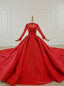 Red Ball Gown Satin High Neck Long Sleeve Sequins Wedding Dress With Long Train