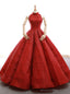Red Ball Gown Sequins High Neck Backless Wedding Dress