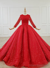 Red Ball Gown Tulle Sequins Long Sleeve Beading Floor Length Wedding Dress