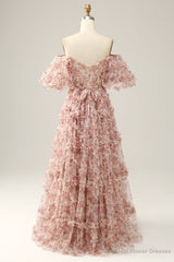 Red Floral Off the Shoulder Long Prom Dress