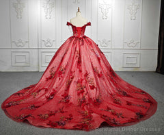 Red Flower Off-the-Shoulder Quinceaera Dress
