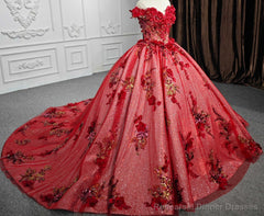 Red Flower Off-the-Shoulder Quinceaera Dress