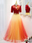 Red Gradient Tulle Short Sleeve Prom Dress