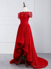 Red Lace Off The Shoulder Short Sleeve Prom Dress