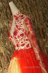 Red Lace Long Evening Prom Dress Red Tulle Lace Short Evening Prom Dress