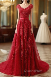 Red Lace Evening Prom Dress Cap Sleeves Formal Dress, Evening Dress, Dance Dress
