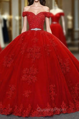 Red Long Princess Off the Shoulder Tulle Lace Wedding Dress