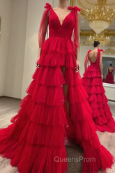 Red Long Evening Prom Dress Princess A Line V Neck Party Evening Dress with Ruffles