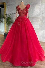 Red Long Sleeve V Neck Beading Flower Tulle Evening Prom Formal Dress
