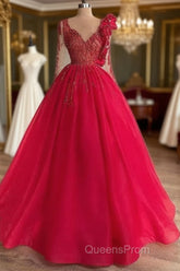 Red Long Sleeve V Neck Beading Flower Tulle Evening Prom Formal Dress
