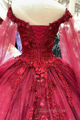 Red Long Sleeves 3D Flowers Quinceanera Dress Appliqued