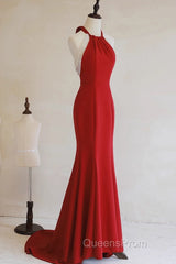 Red Mermaid Halter Long Evening Dress, Red Backless Formal Dress Evening Prom Dress