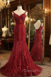 Red Mermaid Lace Long Evening Prom Dress, Lace Mermaid Evening Dress