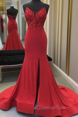 Red Mermaid Llong Evening Prom Dress Appliques Slit Evening Dress