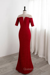 Red Mermaid Round Neckline Short Sleeves Party Dress, Red Evening Gown