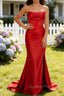 Red Mermaid Strapless Pleated Long Corset Prom Dress with Slit