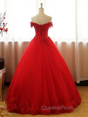Red Off Shoulder Long Party Dress, A-Line Tulle Evening Dress Formal Gown