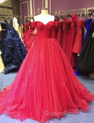 Red Off Shoulder Tulle Evening Prom Gown, Sweet 16 Party Gown, Charming Red Formal Dress
