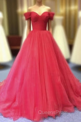 Red Off Shoulder Tulle Evening Prom Gown, Sweet 16 Party Gown, Charming Red Formal Dress