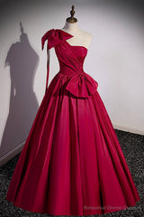 Red One Shoulder Satin Long Prom Dress, A-Line Evening Party Dress