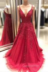 Red Evening Prom Dress, A-line/Princess V Neck Sleeveless Sweep Train Tulle Evening Prom Dress With Appliqued