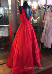 Red Evening Prom Dress, A-line Square Neckline Regular Straps Long/Floor-Length Satin Evening Prom Dress