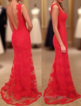 Red Evening Prom Dress, Sheath/Column V Neck Sleeveless Sweep Train Lace Evening Prom Dress With Appliqued