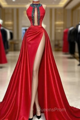 Red Robe De Soiree A-Line High Collar Satin Crystals Slit Sexy Long Evening Prom Dress Evening Prom Gown Evening Dress
