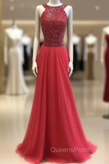 Red Round Neck Long Evening Prom Dress, Red Evening Dress