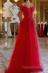 Red round neck tulle lace long Evening Prom Dress, red evening Dress
