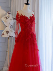 Red round neck tulle lace long Evening Prom Dress, red evening Dress