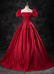 Red Satin A-line Short Sleeves Long Prom Dress, Red Long Formal Dress Evening Dress