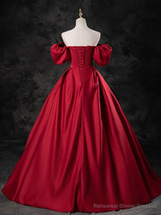 Red Satin A-line Short Sleeves Long Prom Dress, Red Long Formal Dress Evening Dress